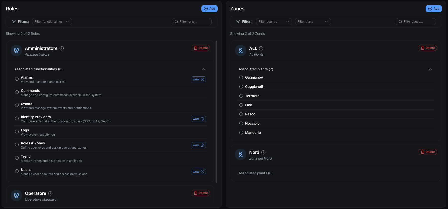 Roles and Zones page