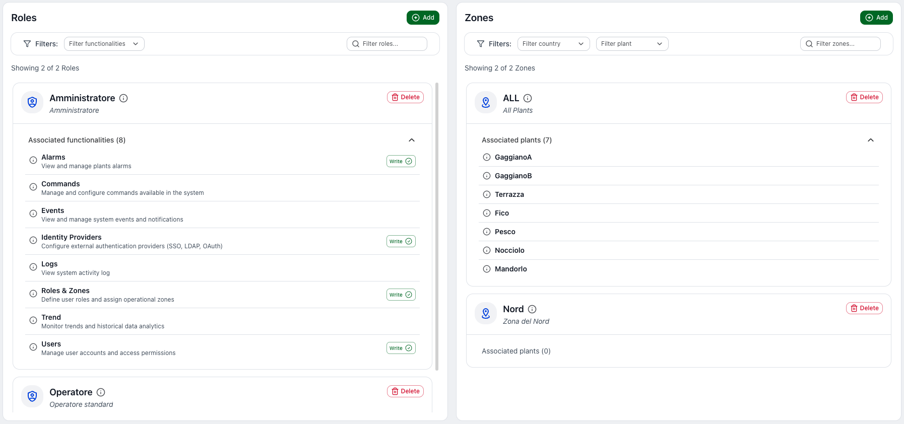 Roles and Zones page