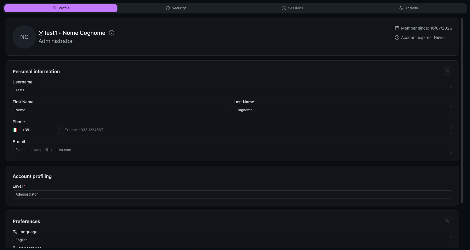 My Profile page