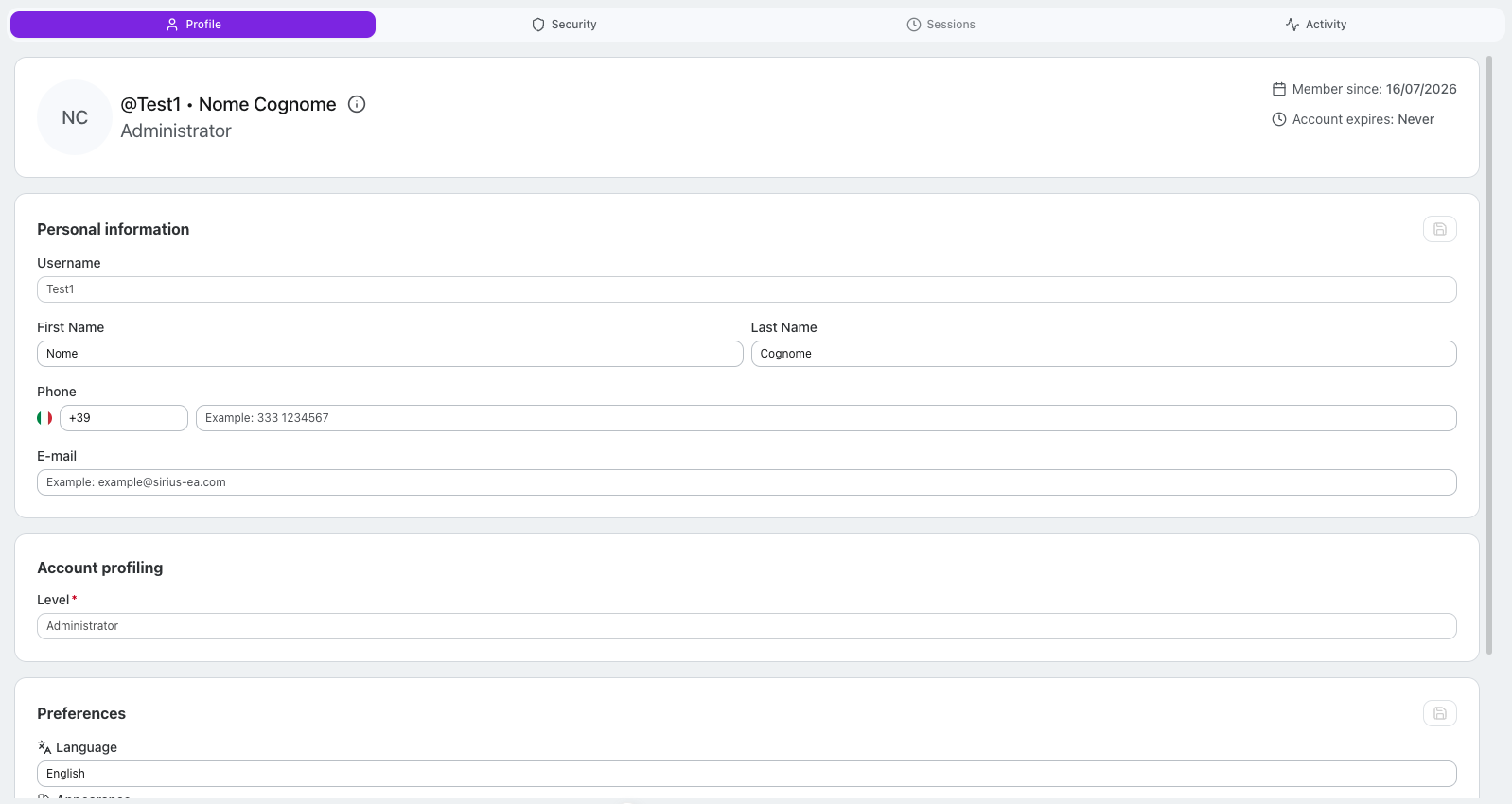My Profile page